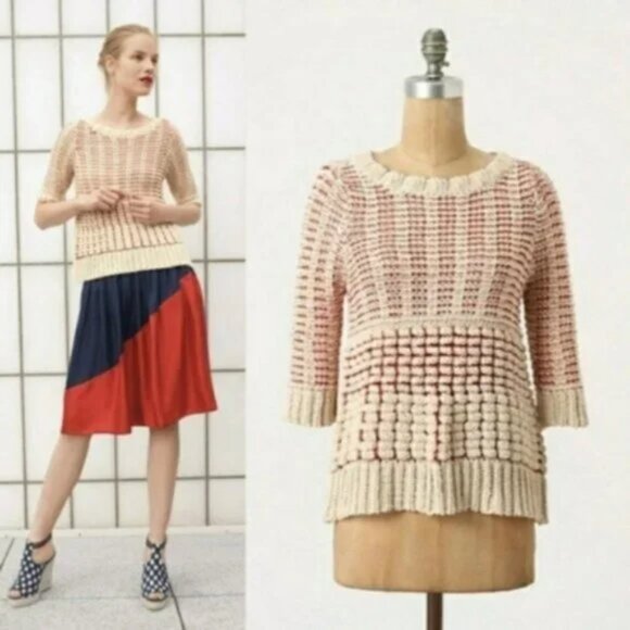 Anthropologie Fiet Voors 2 Hidden Glow Red & Cream Textured Sweater size medium - Picture 3 of 10